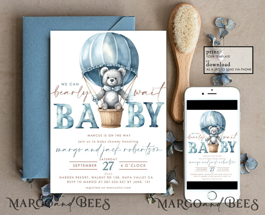 TEMPLETT baby shower Teddy Bear Baby Boy Shower Invitation Template Set We Can Bearly Wait Diaper Raffle Books, Instant Download Printable Hot air balloon basket