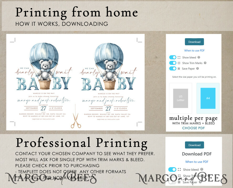 TEMPLETT baby shower Teddy Bear Baby Boy Shower Invitation Template Set We Can Bearly Wait Diaper Raffle Books, Instant Download Printable Hot air balloon basket