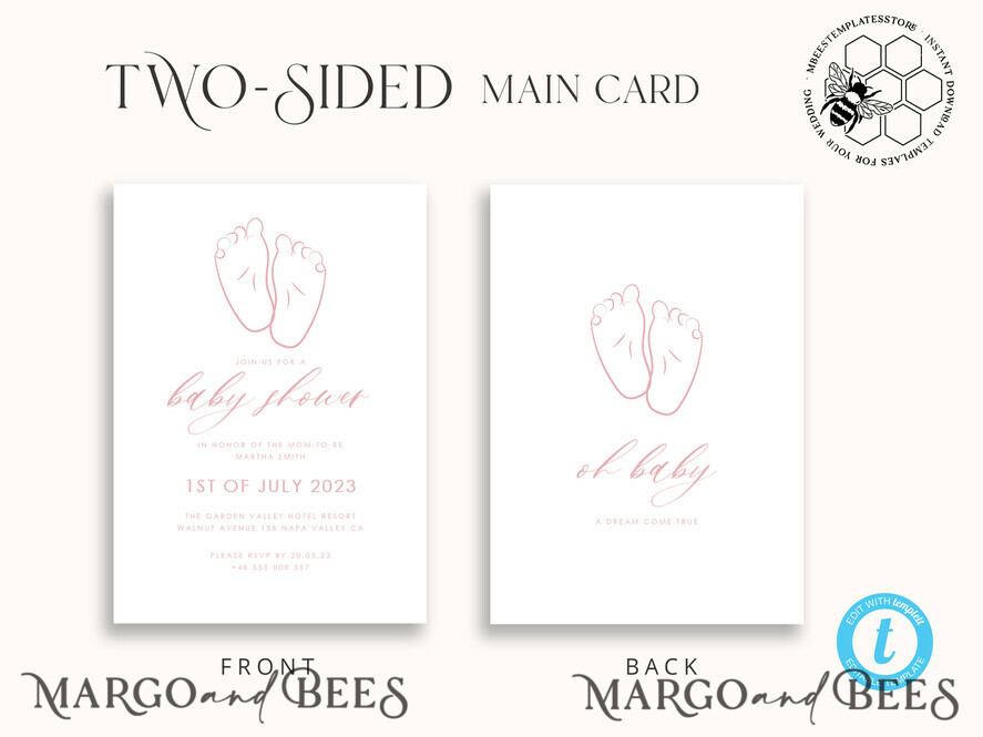 TEMPLETT baby shower Modern Baby Shower Invitation Template, Baby Shower Girl Invitations Set, Instant Download Printable Invites Home Printing Simple Boho Cards