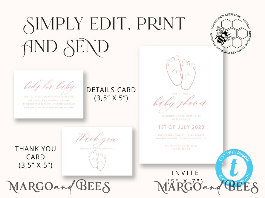 TEMPLETT baby shower Modern Baby Shower Invitation Template, Baby Shower Girl Invitations Set, Instant Download Printable Invites Home Printing Simple Boho Cards