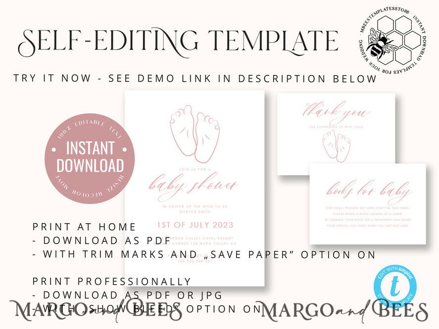 TEMPLETT baby shower Modern Baby Shower Invitation Template, Baby Shower Girl Invitations Set, Instant Download Printable Invites Home Printing Simple Boho Cards