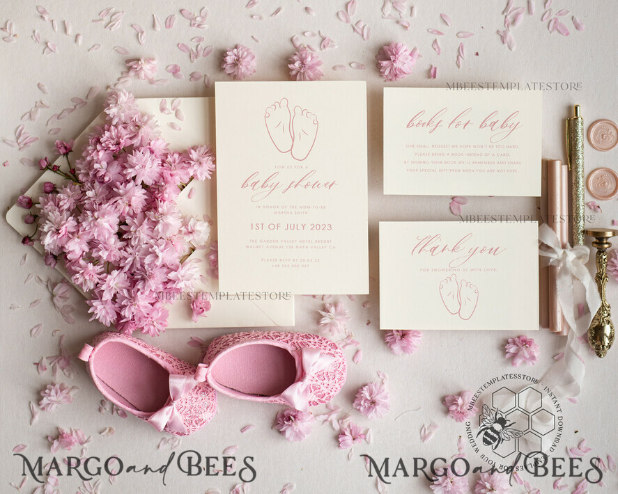TEMPLETT baby shower Modern Baby Shower Invitation Template, Baby Shower Girl Invitations Set, Instant Download Printable Invites Home Printing Simple Boho Cards