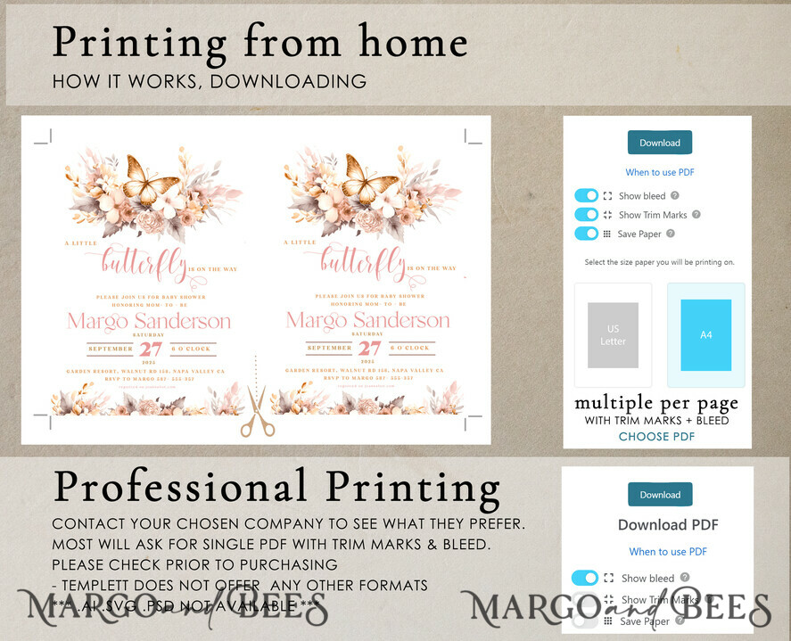 TEMPLETT baby shower Editable Girl Baby Shower Invitation set Template Butterfly on the way Diapper Raffle Books Instant Download Blush Gold floral boho invite