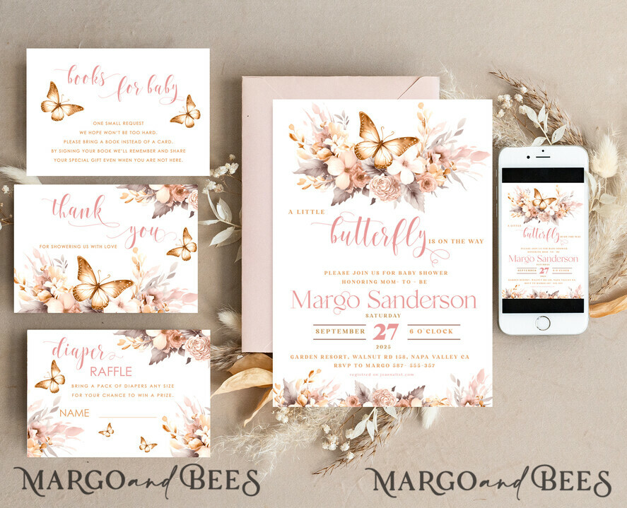 TEMPLETT baby shower Editable Girl Baby Shower Invitation set Template Butterfly on the way Diapper Raffle Books Instant Download Blush Gold floral boho invite