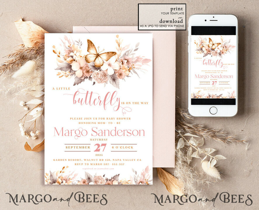 TEMPLETT baby shower Editable Girl Baby Shower Invitation set Template Butterfly on the way Diapper Raffle Books Instant Download Blush Gold floral boho invite
