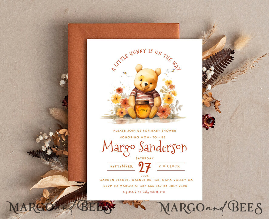 TEMPLETT  
 Babyparty Winnie Pooh Baby Shower Einladung Digital Vorlagen Set Hunny Herbst, Geschlechtsneutrale Windel Raffle Bücher Sofortiger Download Druckbare Einladung