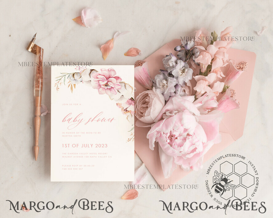 TEMPLETT  
 Babyparty Baby Shower Einladung Vorlage herunterladen Florale Suite, Baby Shower Mädchen Einladungen Set Druckbare Einladungen Heimdruck Einfache Boho Karten Baby Shower Einladung Mädchen Elefant