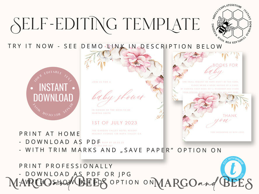 TEMPLETT  
 Babyparty Baby Shower Einladung Vorlage herunterladen Florale Suite, Baby Shower Mädchen Einladungen Set Druckbare Einladungen Heimdruck Einfache Boho Karten Baby Shower Einladung Mädchen Elefant