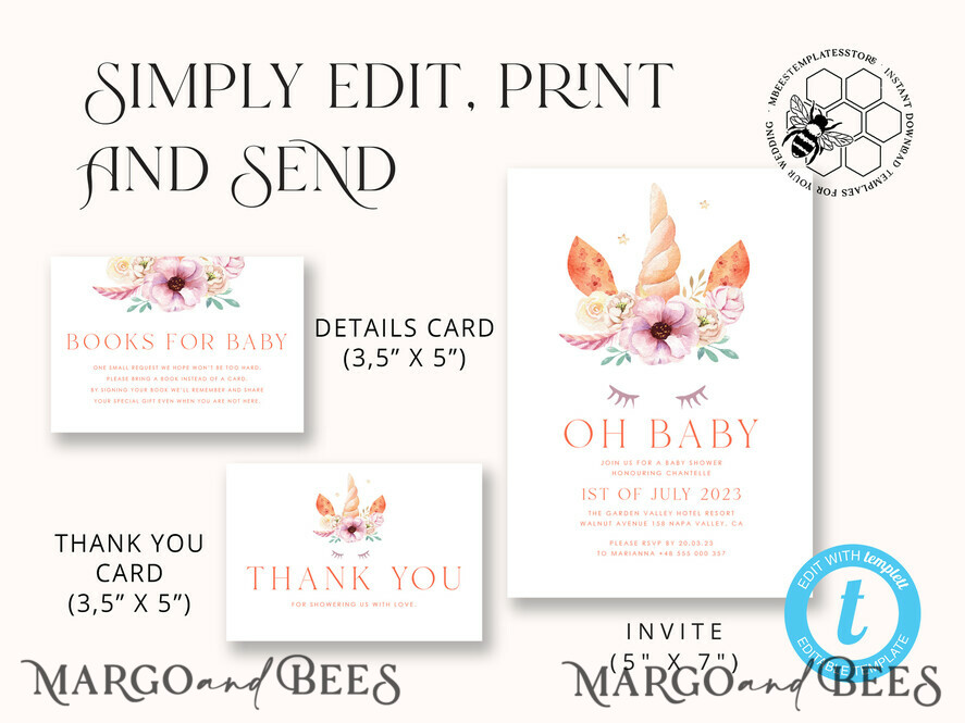 TEMPLETT baby shower Beautiful Baby Shower InvitationTemplate, Instant Download Printable Invites Home Printing, Simple Boho baby Boy and girl shower  Card Set