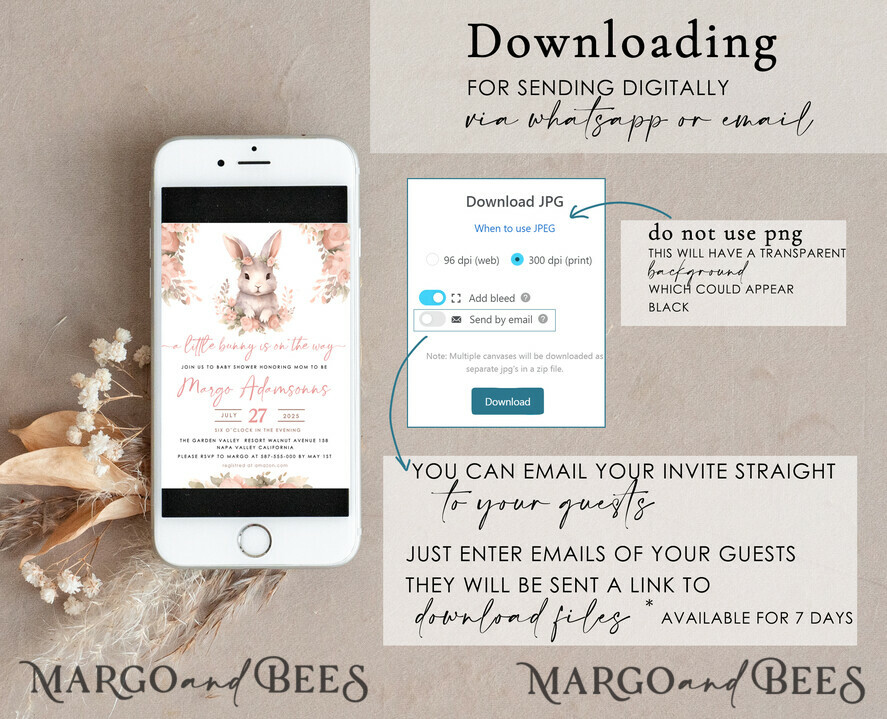 TEMPLETT  
 Babyparty Mädchen Kaninchen Baby Shower Einladungsvorlage Hase ist auf dem Weg Windelverlosung Bücher Ballon Sofortdownload Gold Rosa bearbeitbare Oster Einladung