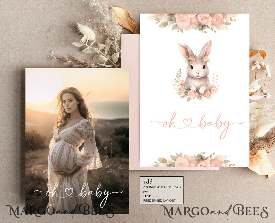 TEMPLETT  
 Babyparty Mädchen Kaninchen Baby Shower Einladungsvorlage Hase ist auf dem Weg Windelverlosung Bücher Ballon Sofortdownload Gold Rosa bearbeitbare Oster Einladung