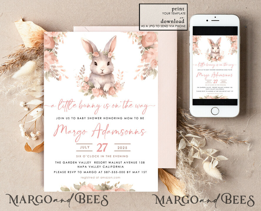 TEMPLETT  
 Babyparty Mädchen Kaninchen Baby Shower Einladungsvorlage Hase ist auf dem Weg Windelverlosung Bücher Ballon Sofortdownload Gold Rosa bearbeitbare Oster Einladung