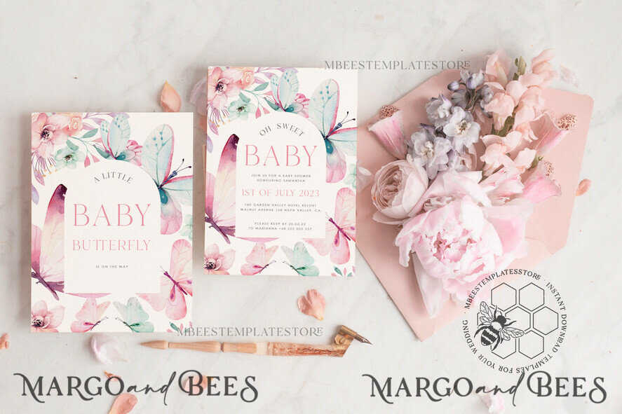 TEMPLETT  
 Babyparty Baby Shower Einladung Vorlage herunterladen Florale Schmetterling Baby Mädchen Einladungen Set Druckbare Einladungen Heimdruck Einfache florale Boho Karten