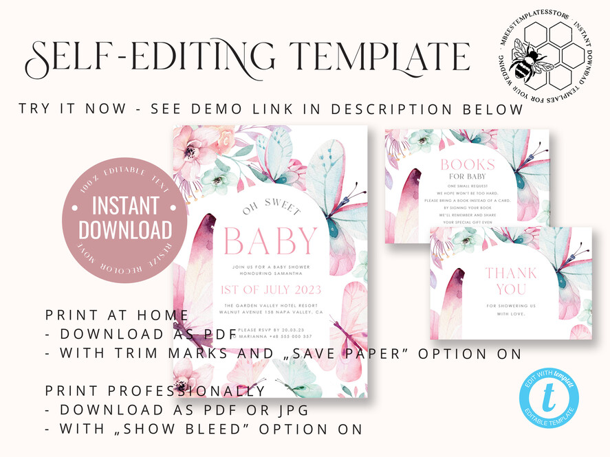 TEMPLETT  
 Babyparty Baby Shower Einladung Vorlage herunterladen Florale Schmetterling Baby Mädchen Einladungen Set Druckbare Einladungen Heimdruck Einfache florale Boho Karten