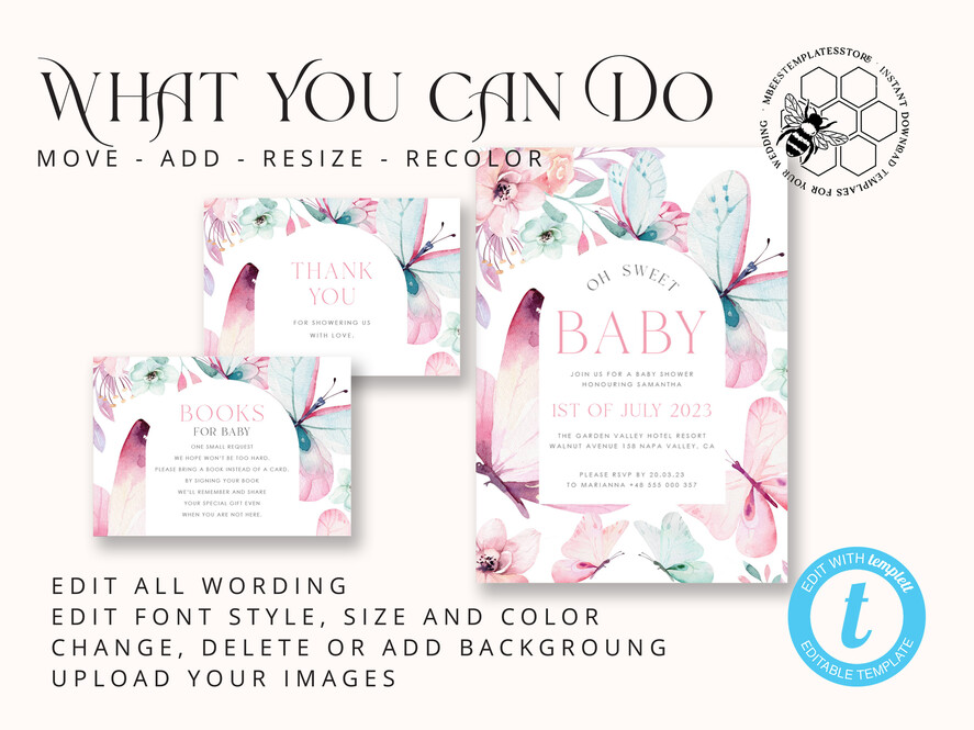 TEMPLETT  
 Babyparty Baby Shower Einladung Vorlage herunterladen Florale Schmetterling Baby Mädchen Einladungen Set Druckbare Einladungen Heimdruck Einfache florale Boho Karten