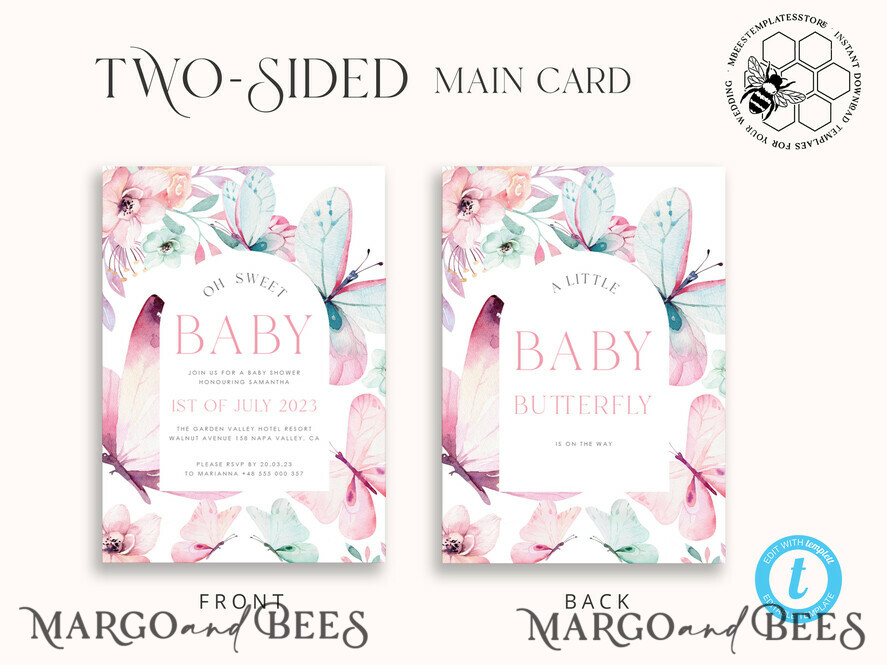 TEMPLETT  
 Babyparty Baby Shower Einladung Vorlage herunterladen Florale Schmetterling Baby Mädchen Einladungen Set Druckbare Einladungen Heimdruck Einfache florale Boho Karten