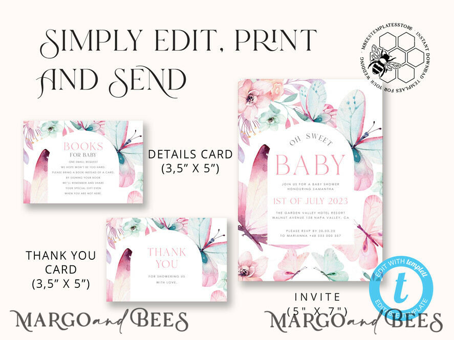 TEMPLETT  
 Babyparty Baby Shower Einladung Vorlage herunterladen Florale Schmetterling Baby Mädchen Einladungen Set Druckbare Einladungen Heimdruck Einfache florale Boho Karten
