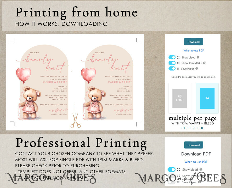 TEMPLETT baby shower Teddy Bear Baby Girl Shower Invitation Template Set We Can Bearly Wait Diapper Raffle Books Arch Instant Download Blush Pink editable invite