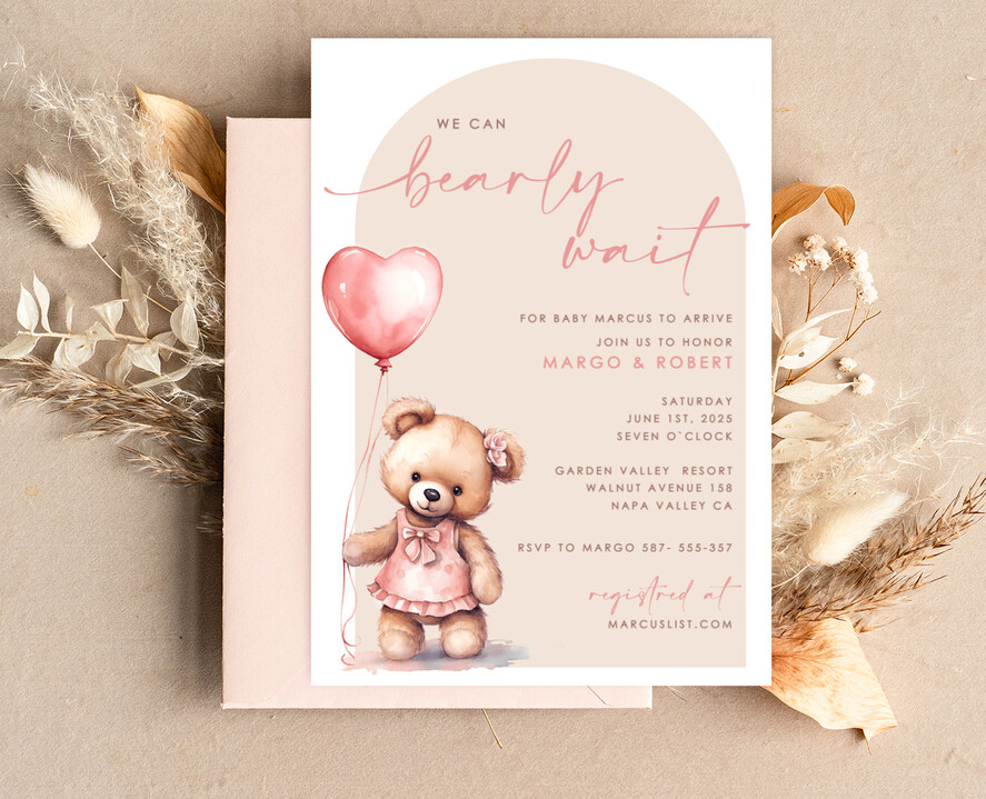 TEMPLETT baby shower Teddy Bear Baby Girl Shower Invitation Template Set We Can Bearly Wait Diapper Raffle Books Arch Instant Download Blush Pink editable invite