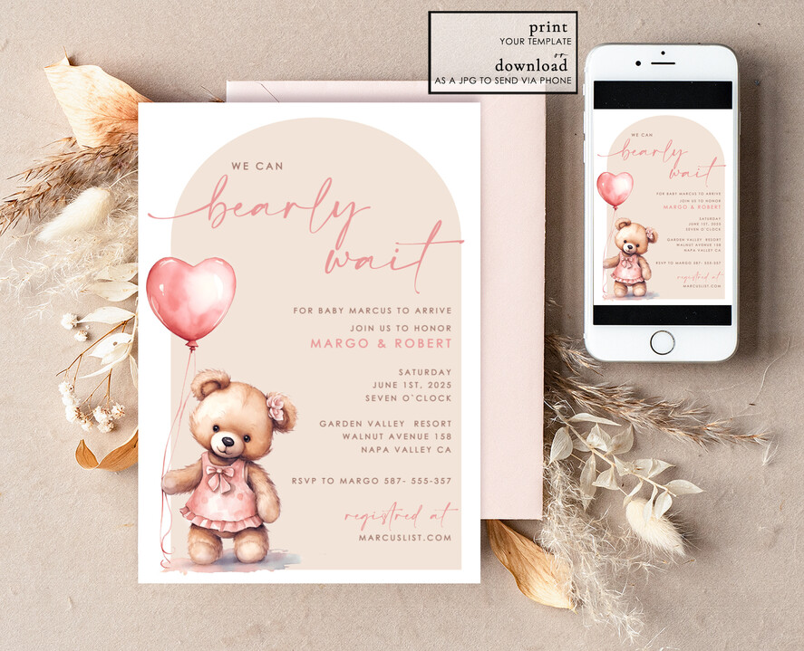 TEMPLETT baby shower Teddy Bear Baby Girl Shower Invitation Template Set We Can Bearly Wait Diapper Raffle Books Arch Instant Download Blush Pink editable invite