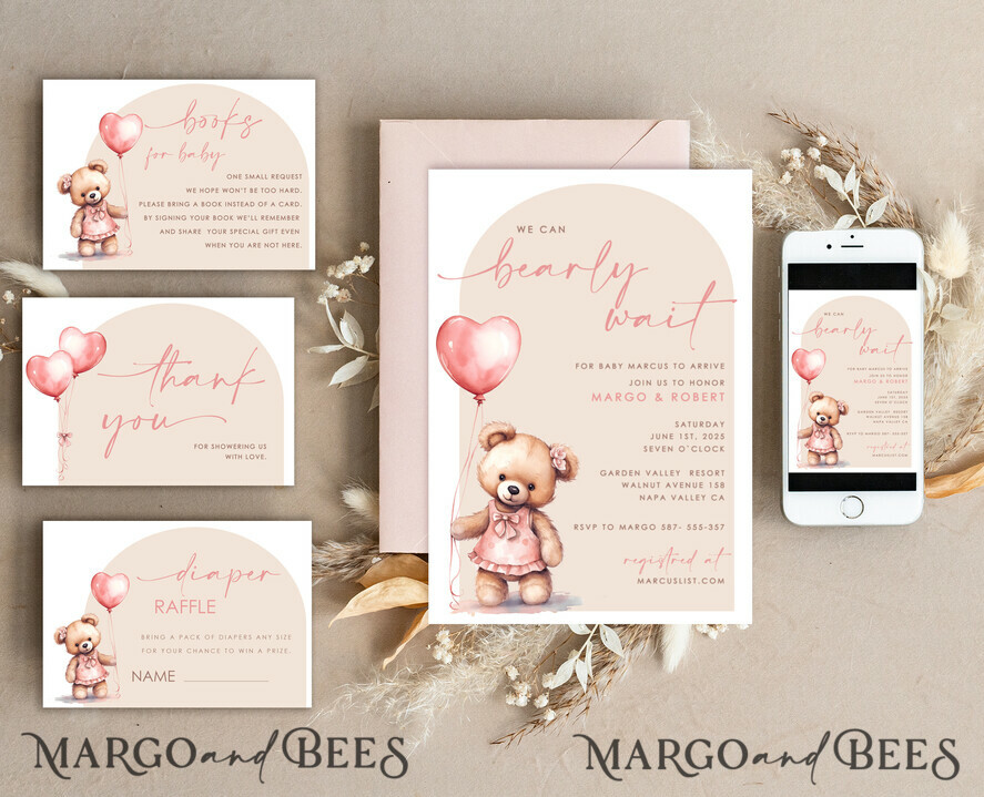 TEMPLETT baby shower Teddy Bear Baby Girl Shower Invitation Template Set We Can Bearly Wait Diapper Raffle Books Arch Instant Download Blush Pink editable invite