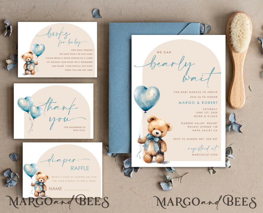 TEMPLETT baby shower  Arched Teddy Bear Baby Boy Shower Invitation Template Set We Can Bearly Wait Diaper Raffle Books, Instant Download Printable Invites Home Printing