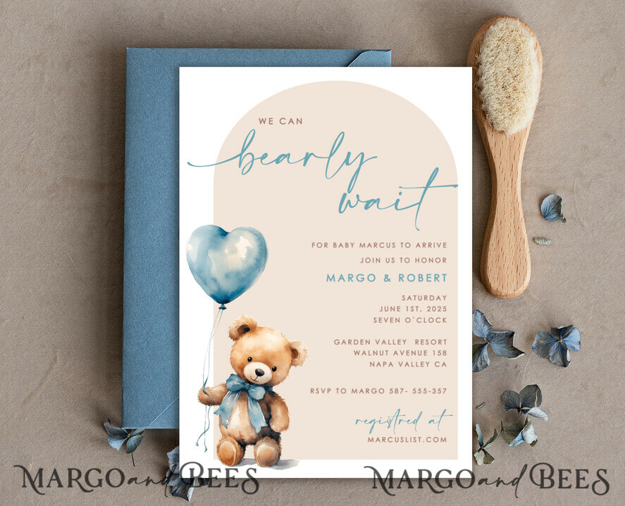 TEMPLETT baby shower  Arched Teddy Bear Baby Boy Shower Invitation Template Set We Can Bearly Wait Diaper Raffle Books, Instant Download Printable Invites Home Printing