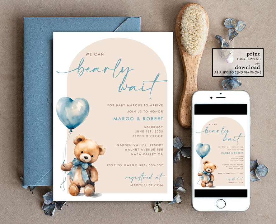TEMPLETT baby shower  Arched Teddy Bear Baby Boy Shower Invitation Template Set We Can Bearly Wait Diaper Raffle Books, Instant Download Printable Invites Home Printing