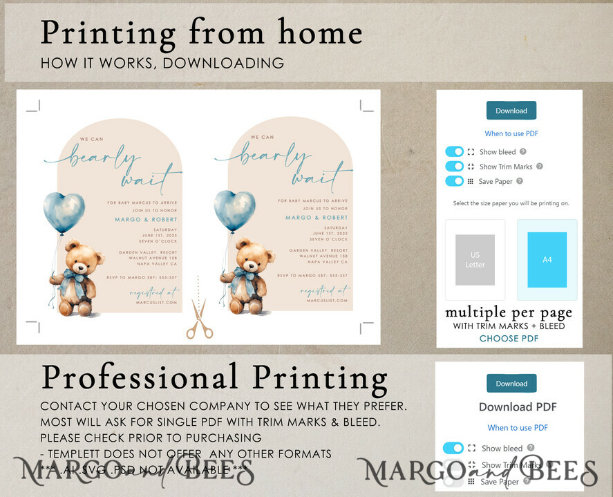 TEMPLETT baby shower  Arched Teddy Bear Baby Boy Shower Invitation Template Set We Can Bearly Wait Diaper Raffle Books, Instant Download Printable Invites Home Printing