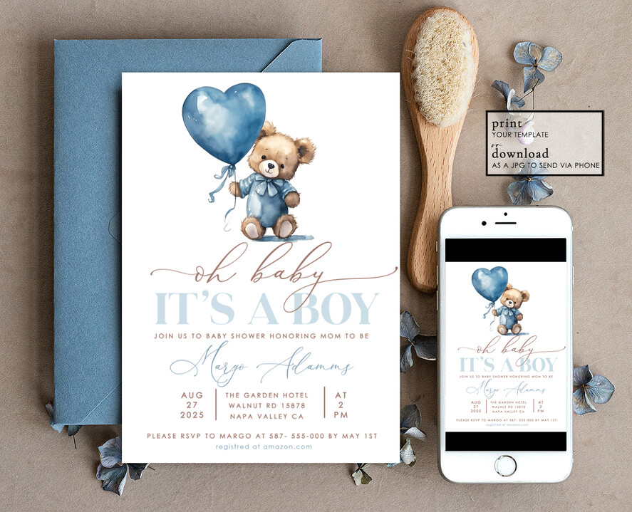 TEMPLETT baby shower Teddy Bear Baby Boy Shower Invitation Template Set We Can Bearly Wait Diaper Raffle Books, Instant Download Printable Invites Home Printing