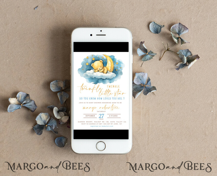 TEMPLETT baby shower Editable Twinkle Little Star Baby Boy Shower Invitation Template, Moon Stars Blue Invite Instant Download Wait Diaper Raffle Books Invites