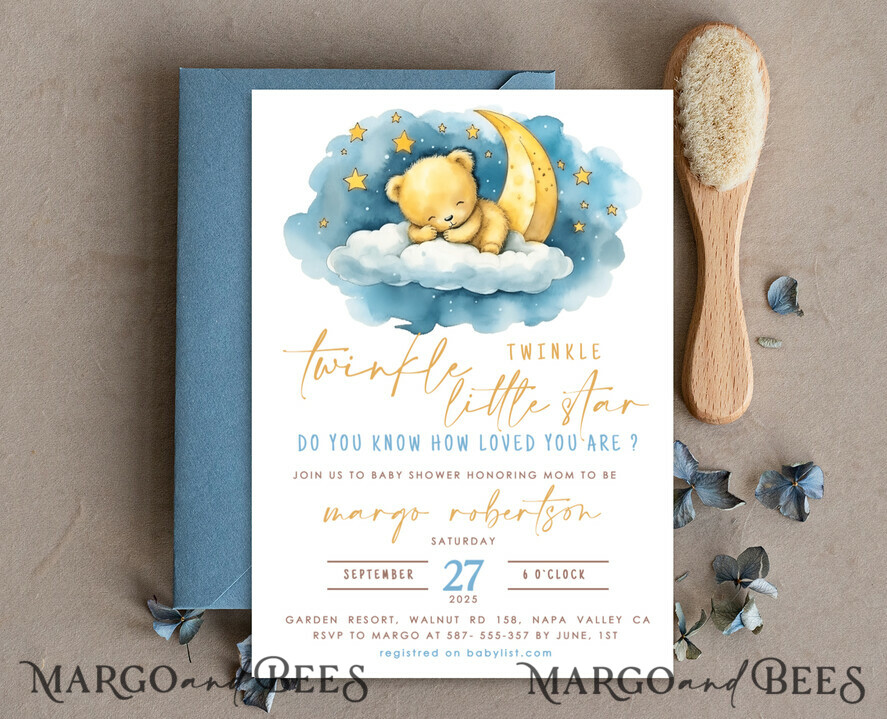 TEMPLETT baby shower Editable Twinkle Little Star Baby Boy Shower Invitation Template, Moon Stars Blue Invite Instant Download Wait Diaper Raffle Books Invites