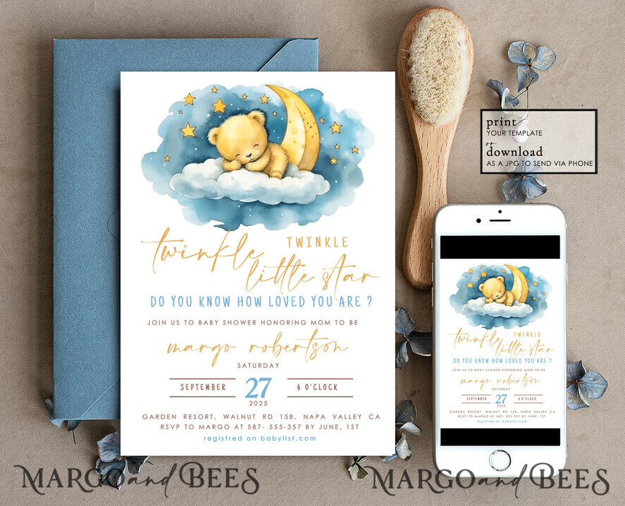 TEMPLETT baby shower Editable Twinkle Little Star Baby Boy Shower Invitation Template, Moon Stars Blue Invite Instant Download Wait Diaper Raffle Books Invites
