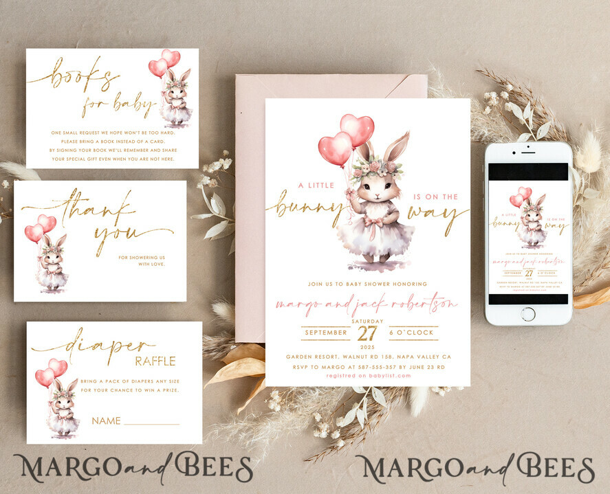 TEMPLETT  
 Babyparty Mädchen Kaninchen Babyparty Einladung Vorlage Hase ist auf dem Weg Windel Verlosung Bücher Ballon Sofortiger Download Gold Blush bearbeitbare Oster Einladung