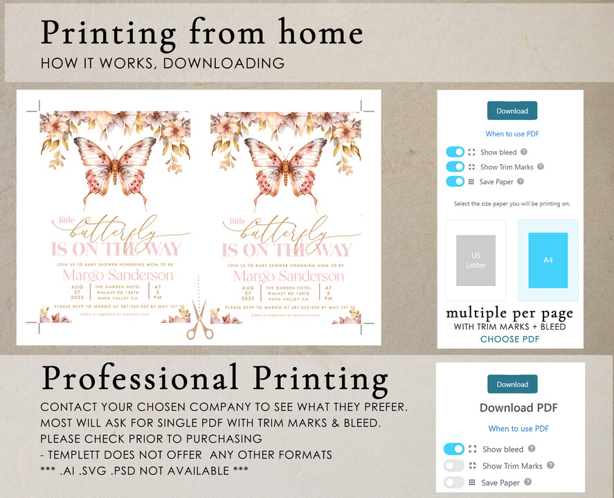 TEMPLETT baby shower Editable Girl Baby Shower Invitation set Template Butterfly on the way Diapper Raffle Books Instant Download Blush Gold floral boho invite