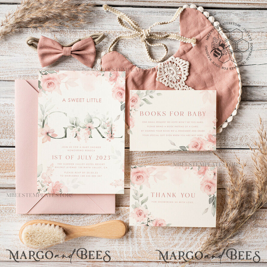 TEMPLETT  
 Babyparty Moderne Baby Shower Einladungsvorlage, Sofortiger Download Druckbare Einladungen Heimdruck, Einfaches florales Baby Shower Karten Set