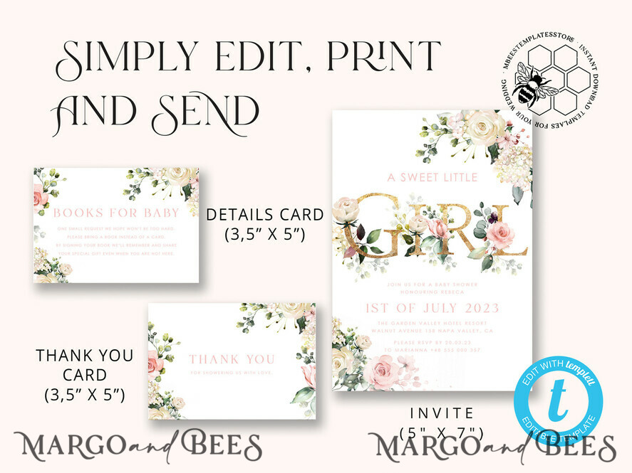 TEMPLETT baby shower Floral Baby Shower InvitationTemplate, Instant Download Printable Invites Home Printing, Simple modern baby shower  Card Set