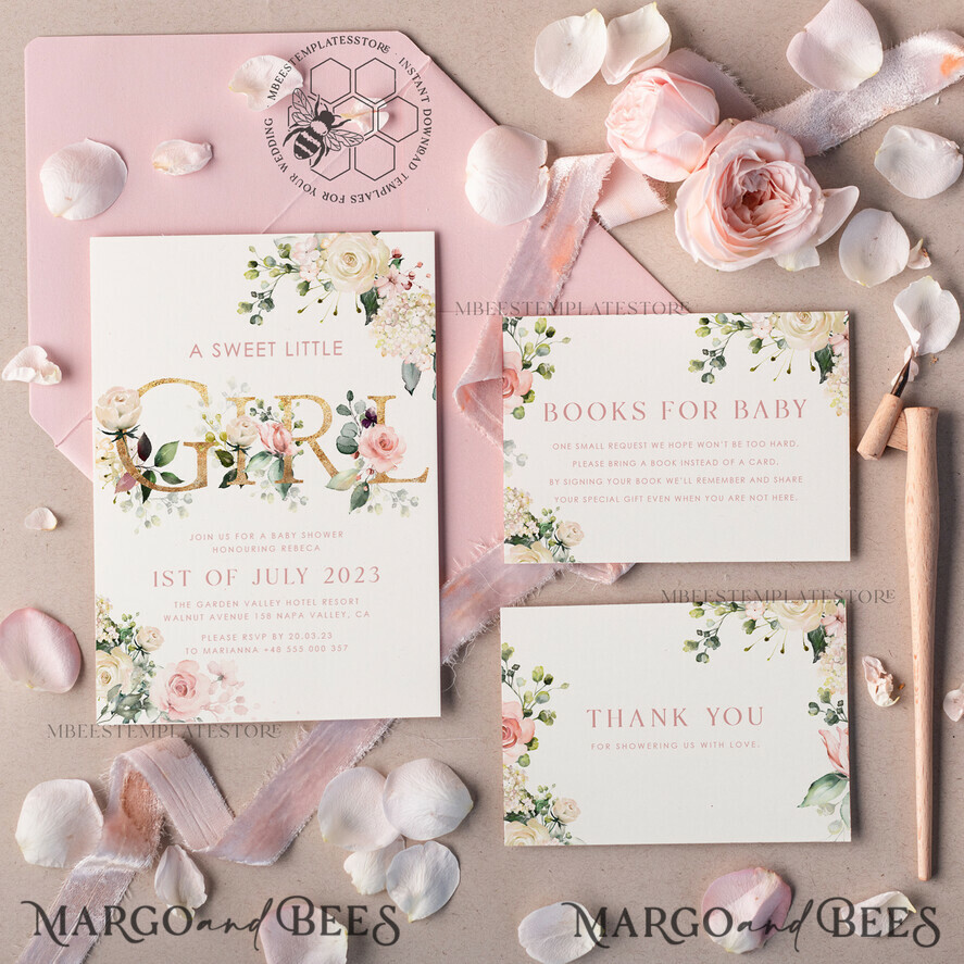 TEMPLETT baby shower Floral Baby Shower InvitationTemplate, Instant Download Printable Invites Home Printing, Simple modern baby shower  Card Set