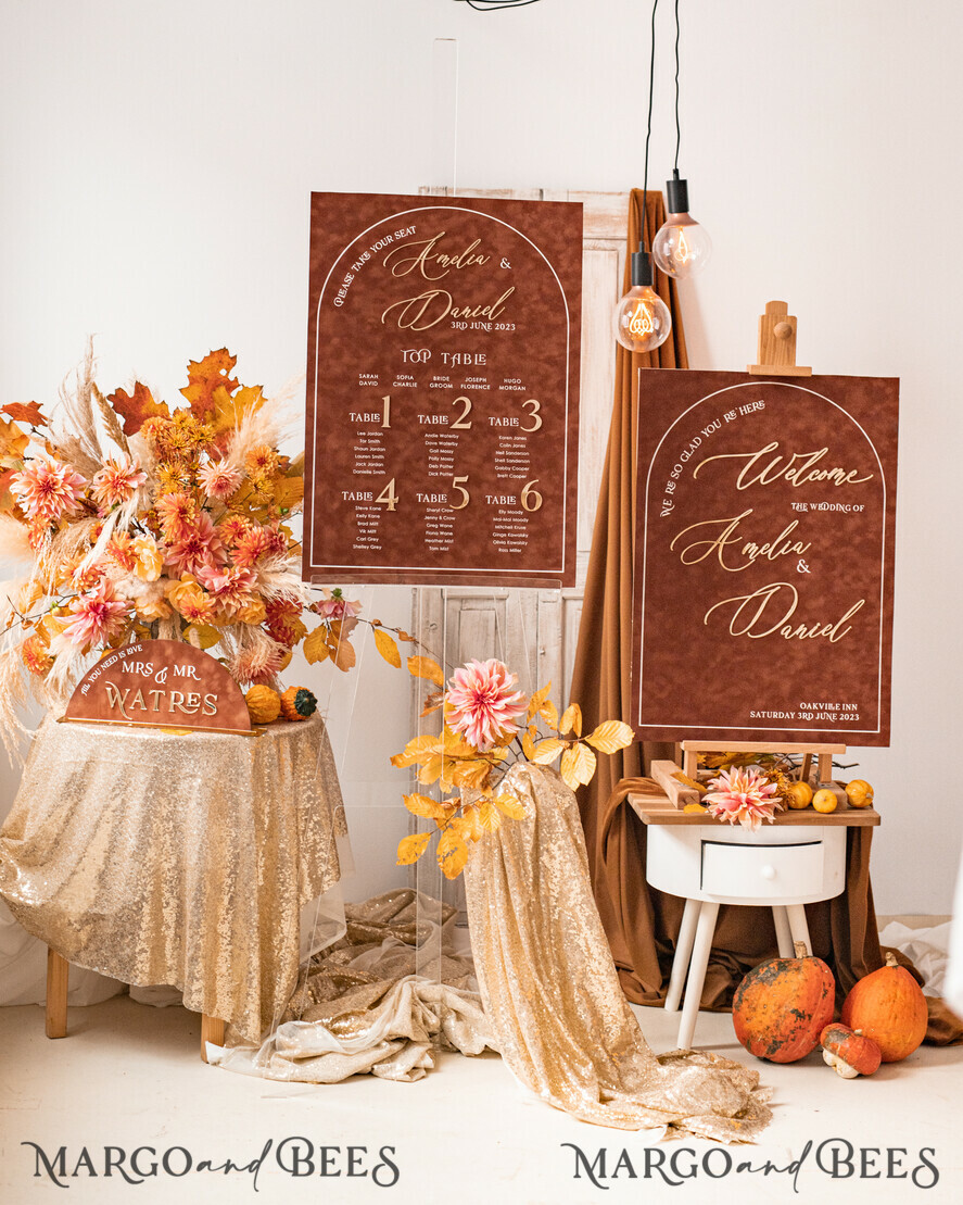 TABLE PLANS AND WEDDING WELCOME SIGNS plexi gold / velvet Fall Wedding Table Plan, terracotta velvet and Gold Modern Seating Chart, 3d Elegant Find Your Seat - Seating Plan , Luxury Wedding Table Plan, Wedding Decoration with golden letters - Golden Reception Signage - Custom Ceremony Sign