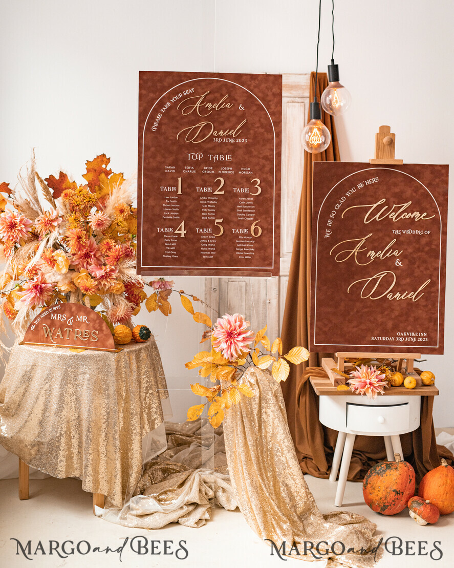 TABLE PLANS AND WEDDING WELCOME SIGNS plexi gold / velvet Fall Wedding Table Plan, terracotta velvet and Gold Modern Seating Chart, 3d Elegant Find Your Seat - Seating Plan , Luxury Wedding Table Plan, Wedding Decoration with golden letters - Golden Reception Signage - Custom Ceremony Sign