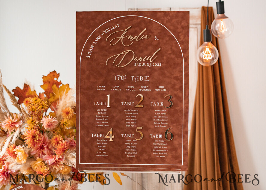 TABLE PLANS AND WEDDING WELCOME SIGNS plexi gold / velvet Fall Wedding Table Plan, terracotta velvet and Gold Modern Seating Chart, 3d Elegant Find Your Seat - Seating Plan , Luxury Wedding Table Plan, Wedding Decoration with golden letters - Golden Reception Signage - Custom Ceremony Sign