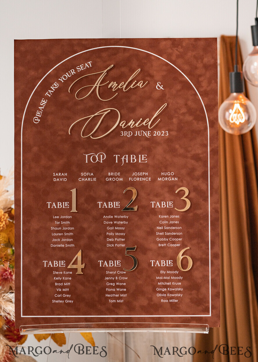 TABLE PLANS AND WEDDING WELCOME SIGNS plexi gold / velvet Fall Wedding Table Plan, terracotta velvet and Gold Modern Seating Chart, 3d Elegant Find Your Seat - Seating Plan , Luxury Wedding Table Plan, Wedding Decoration with golden letters - Golden Reception Signage - Custom Ceremony Sign