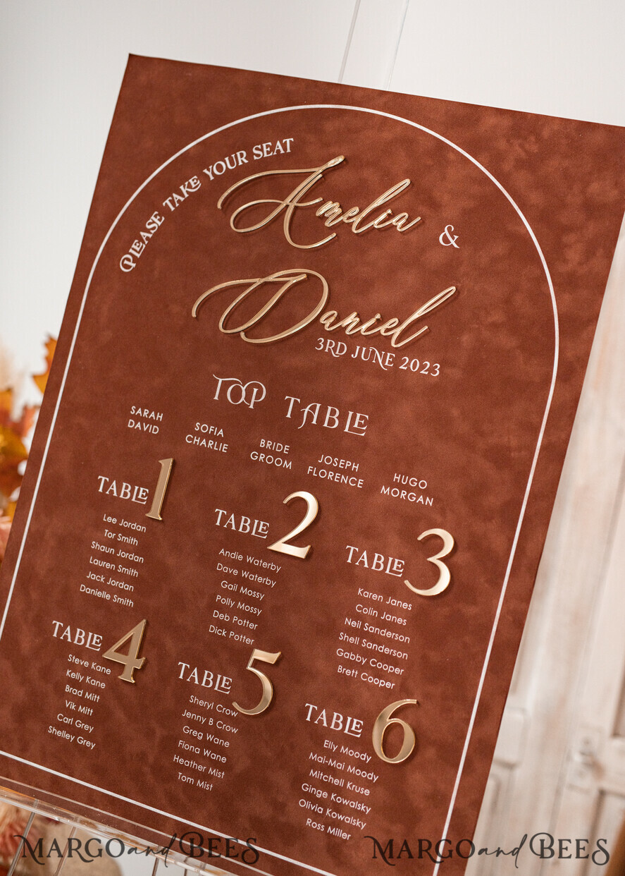 TABLE PLANS AND WEDDING WELCOME SIGNS plexi gold / velvet Fall Wedding Table Plan, terracotta velvet and Gold Modern Seating Chart, 3d Elegant Find Your Seat - Seating Plan , Luxury Wedding Table Plan, Wedding Decoration with golden letters - Golden Reception Signage - Custom Ceremony Sign
