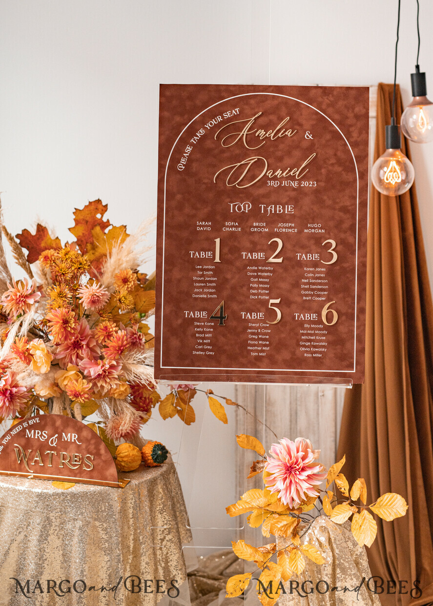 TABLE PLANS AND WEDDING WELCOME SIGNS plexi gold / velvet Fall Wedding Table Plan, terracotta velvet and Gold Modern Seating Chart, 3d Elegant Find Your Seat - Seating Plan , Luxury Wedding Table Plan, Wedding Decoration with golden letters - Golden Reception Signage - Custom Ceremony Sign