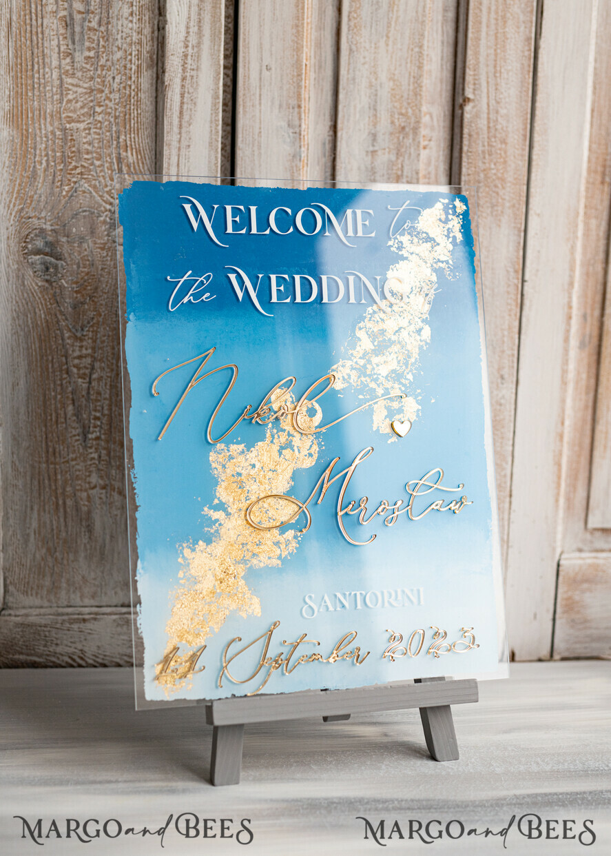 TABLE PLANS AND WEDDING WELCOME SIGNS plexi gold / velvet Acrylic Sky blue & Gold Wedding Welcome Sign, Painted Acrylic & gold Wedding Welcome Sign, Royal Blue Ombre Gold Plexi Wedding Welcome Sign,  Luxury Wedding Wedding Welcome Sign, Greece Beach Wedding Signage Golden mirror Wedding Welcome Sign