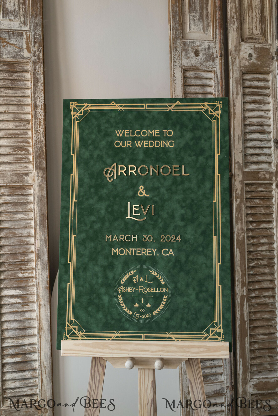 TABLE PLANS AND WEDDING WELCOME SIGNS plexi gold / velvet Art Nouveau Luxury Velvet Green Wedding Welcome Sign, Golden Great Gatsby Wedding Decor, Personalised Wedding Sign, Welcome Wedding Board