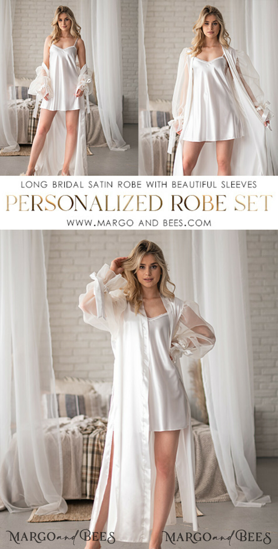 Personalised Satin Robes Luxury Bride Dressing Gowns Sexy sleeves Wedding Robes Get Ready Bridal Robes with name on it Hen Party puff tulle sleeve Silk Robes Custom bride robe and Nightgown