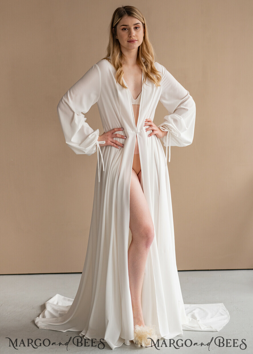 Long Bridal robe for wedding with Train Robe wide sleeves Silk Bride robe Long white robe silky boudoir robe Dressing gown Bridesmaid gift