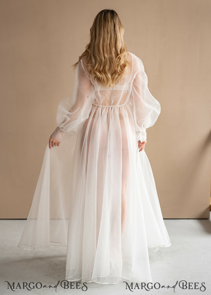 Bridal robe for wedding with bishop sleeves Bride robe Long white