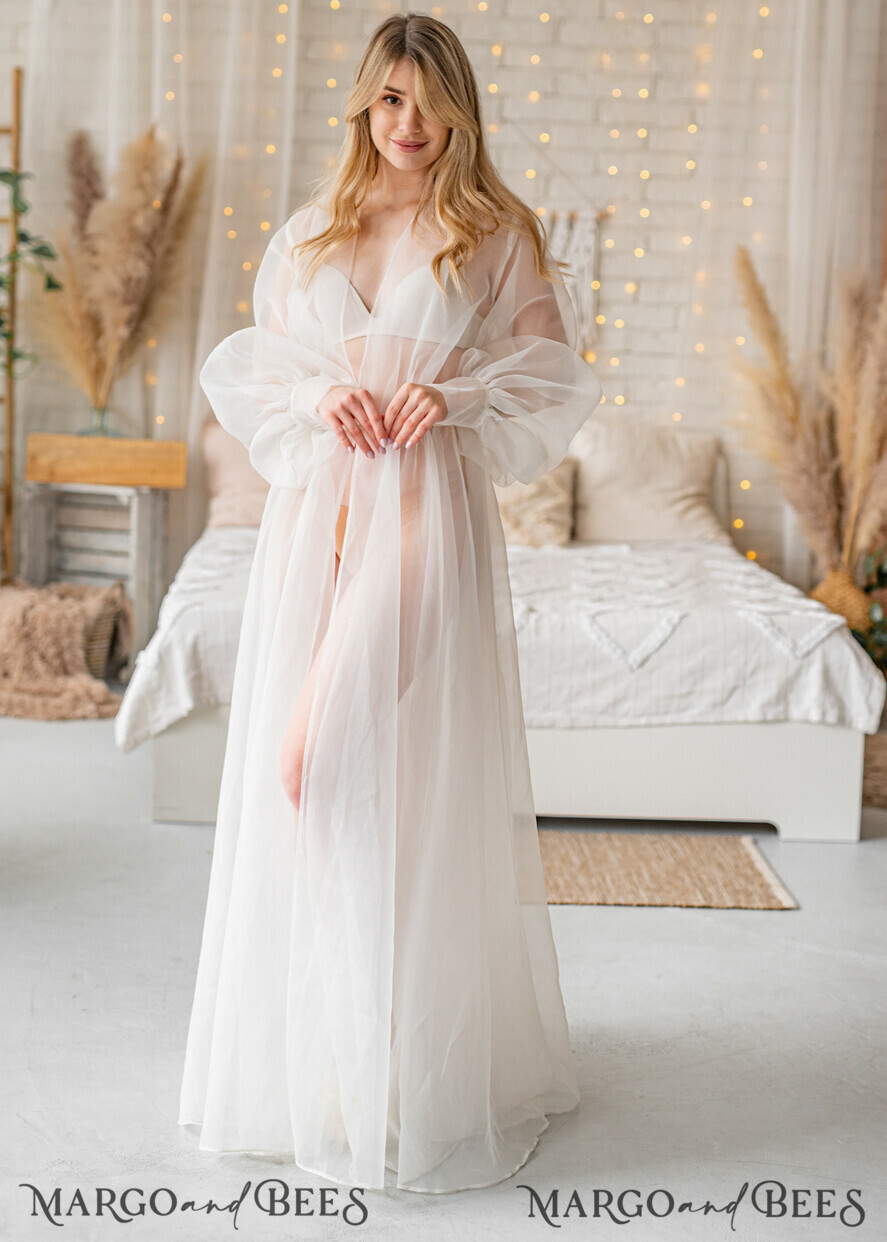 Bridal robe for wedding with bishop sleeves Bride robe Long white robe organza boudoir robe Dressing gown Bridesmaid gift